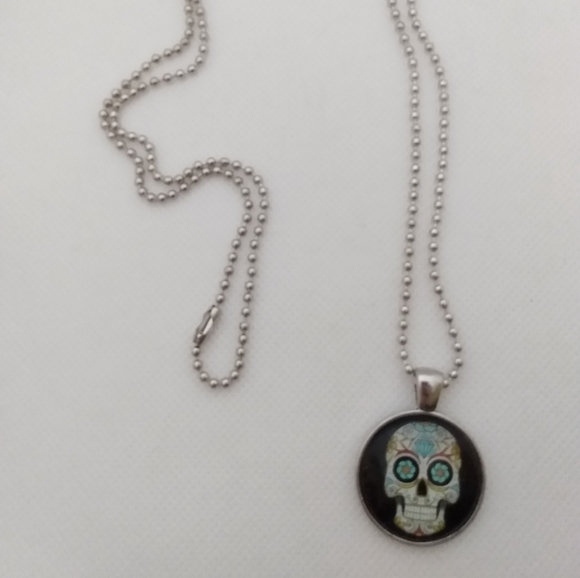 Handmade Sugar Skull Necklace on 1" Cabochon Pendant on 30" Ballbead Chain - Picture 3 of 5